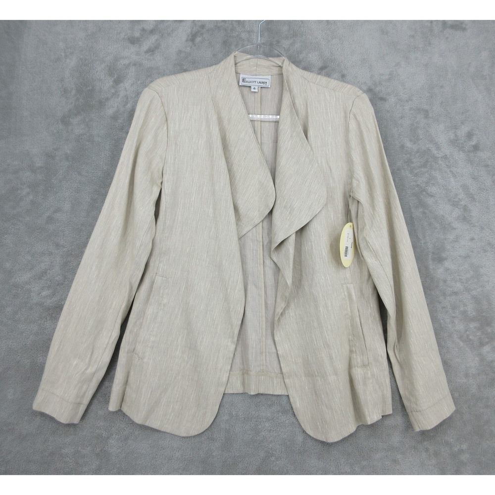 Elliott Lauren Jacket Womens 4 Beige Linen Blend Drape Front Open Pockets New